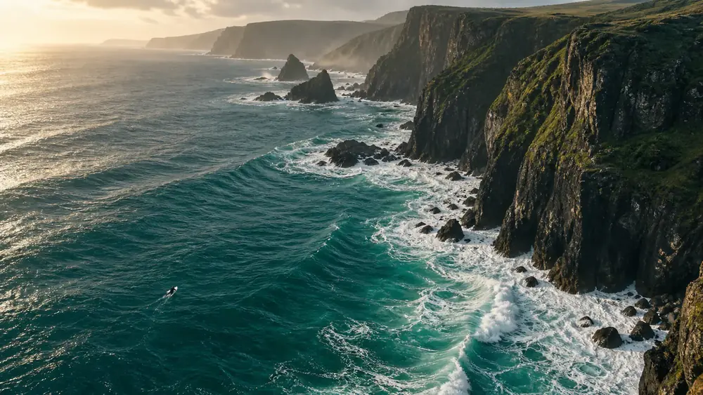 A still from the film Dashow uses in its own mockups: a cliff coastline with surf breaking below