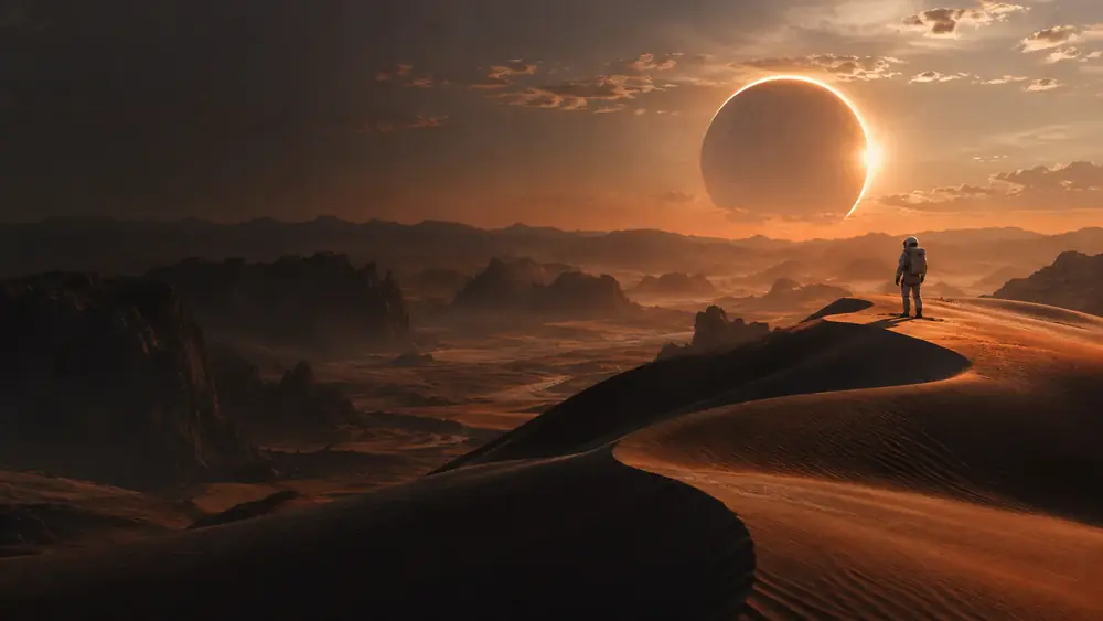A still from the film Dashow uses in its own mockups: a figure on a dune under an eclipsed sun